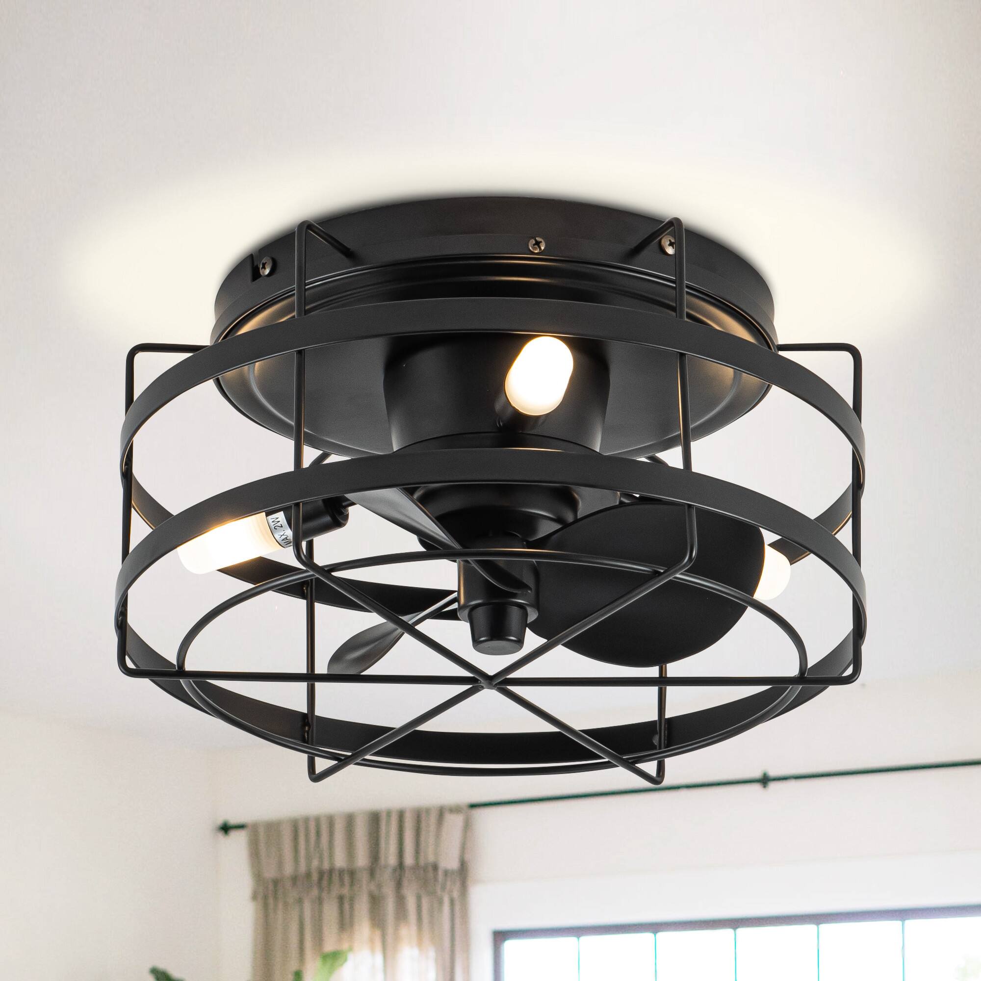 Angle. Parrot Uncle - 13" Farmhouse Flush Mount Ceiling Fan with LED Light and Remote - Matte Black.