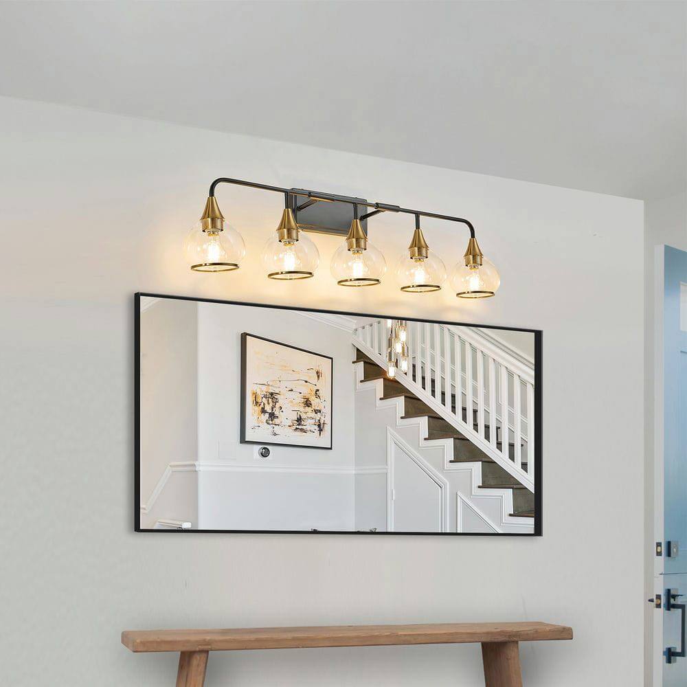 Alt View 5. Kadyn - 40" Modern 5-Light Vanity Wall Sconce - Black and Gold Bathroom Light Fixture with Clear Glass Shades, Black Gold - Gold.