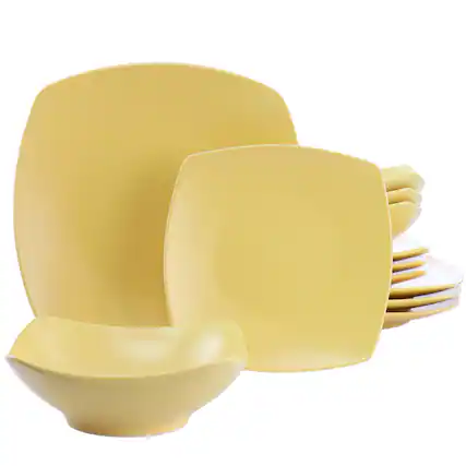 Front. Gibson - Gibson Home Zen Buffetware 12 Piece Square Fine Ceramic Dinnerware Set in Matte Yellow - Yellow.