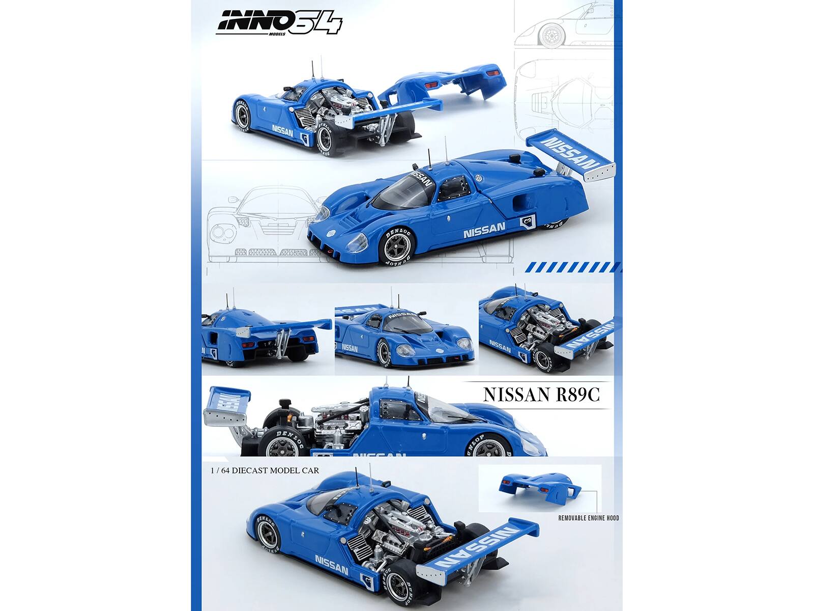 INNO 34  
NISSAN R89C  
1/64 DIECAST MODEL CAR  
REMOVABLE ENGINE HOOD