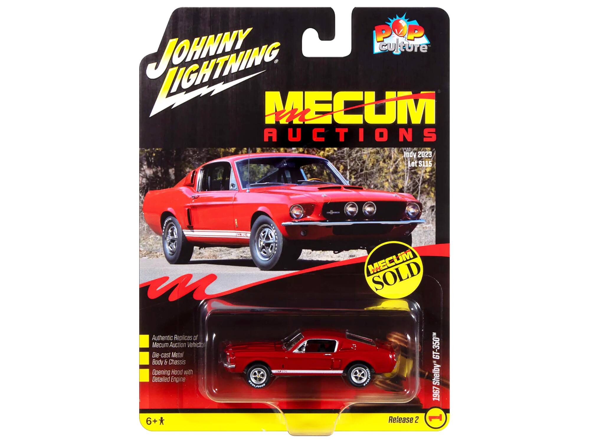 Johnny Lightning  
MECUM Auctions  
Indy 2023  
Lot S115  
Authentic Replicas of Mecum Auction Vehicle  
Die-cast Metal Body & Chassis  
Opening Hood with Detailed Engine  
1967 GT-350TM Shelby*  
6+  
Release 2