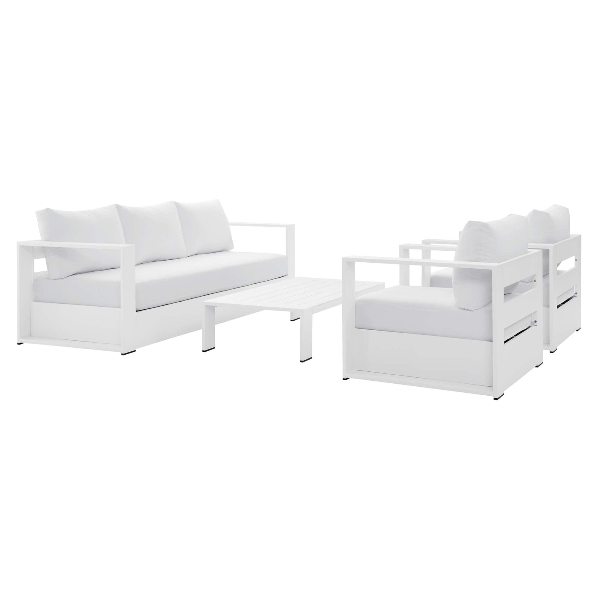 Modway - Tahoe 4-Piece Outdoor Patio Set - Powder-Coated Aluminum, Cushioned Sofa, 2 Armchairs, Coffee Table - White White
