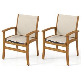 Costway - 2 PCS Outdoor Dining Chairs Acacia Wood Patio Chairs with Breathable Fabric Seat - Beige