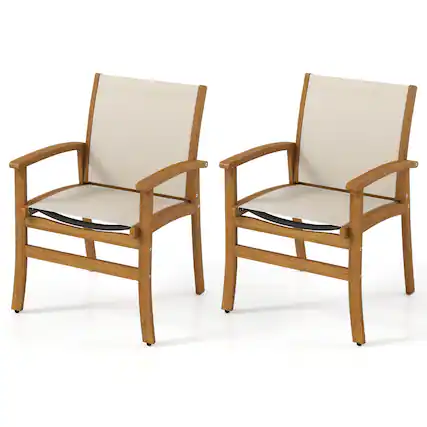 Front. Costway - Costway 2 PCS Outdoor Dining Chairs Acacia Wood Patio Chairs with Breathable Fabric Seat - Beige.
