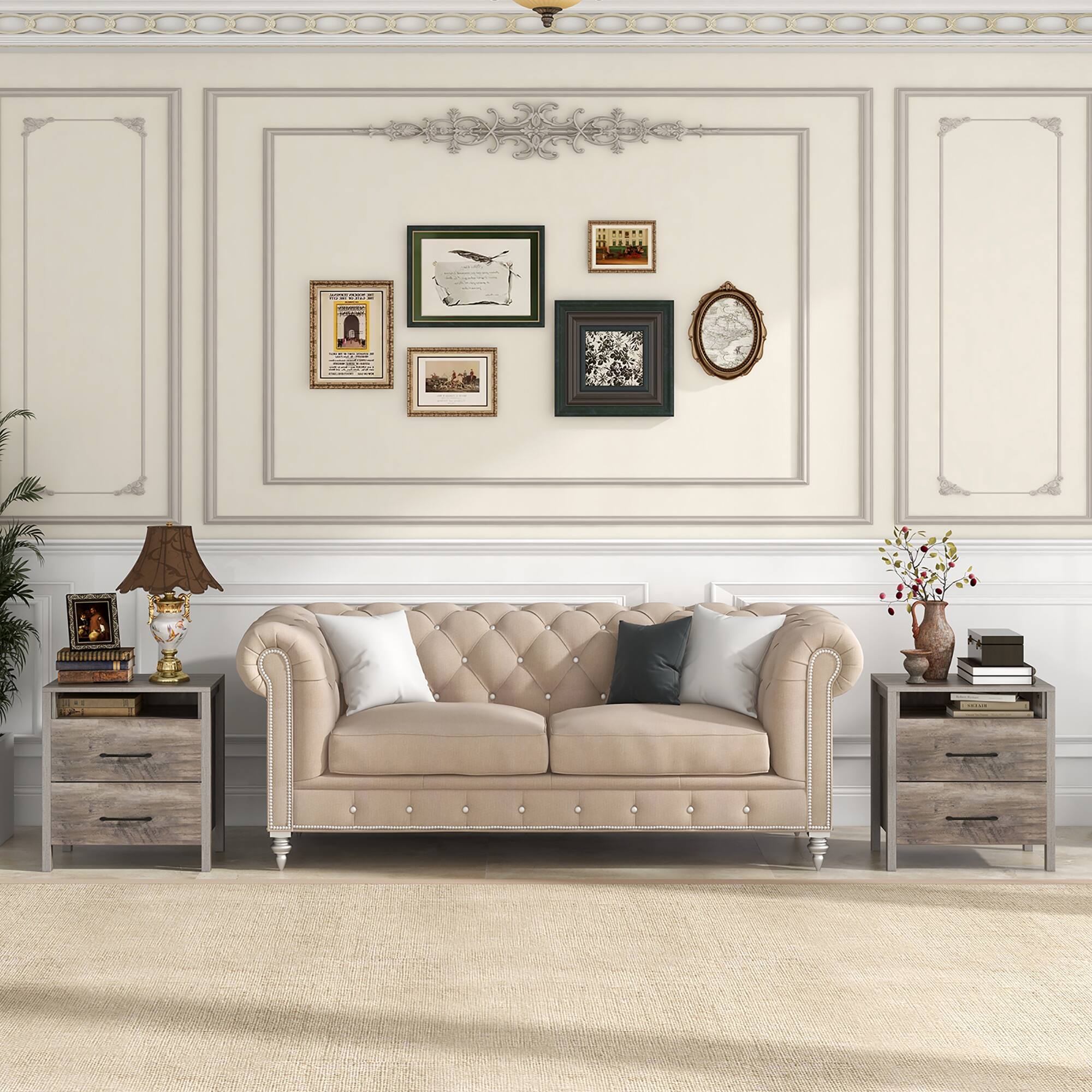 Alt View 17. Costway - Nightstand with 2 Drawers Farmhouse Bed Side Table with Open Storage Shelf - Gray.