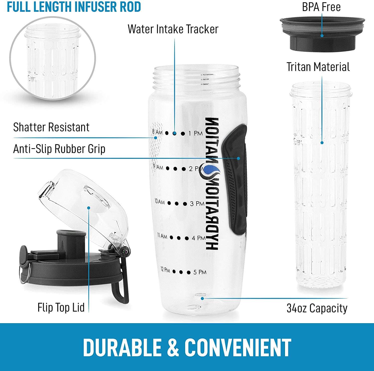 FULL LENGTH INFUSER ROD
BPA Free Water Intake Tracker
Tritan Material
Shatter Resistant
Anti-Slip Rubber Grip
Flip Top Lid
34oz Capacity
DURABLE & CONVENIENT
