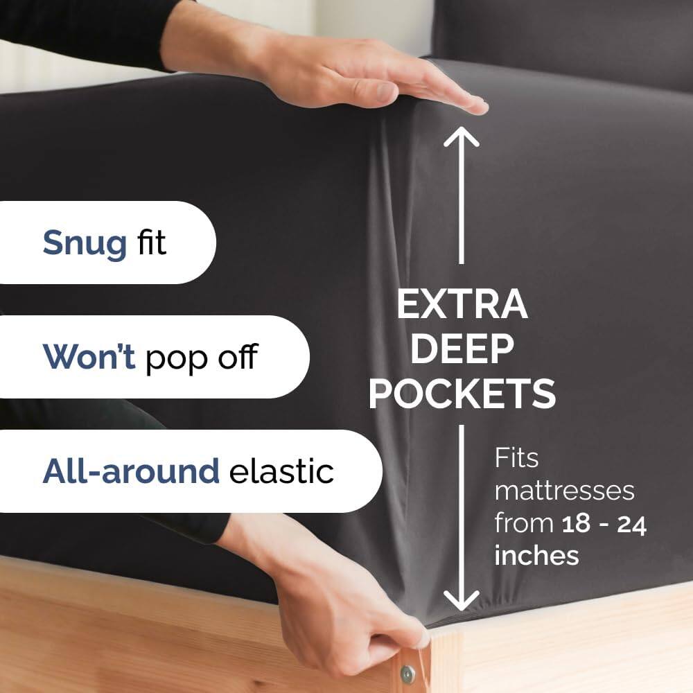 Snug fit  
Won't pop off  
EXTRA DEEP POCKETS  
All-around elastic  
Fits mattresses from 18 - 24 inches