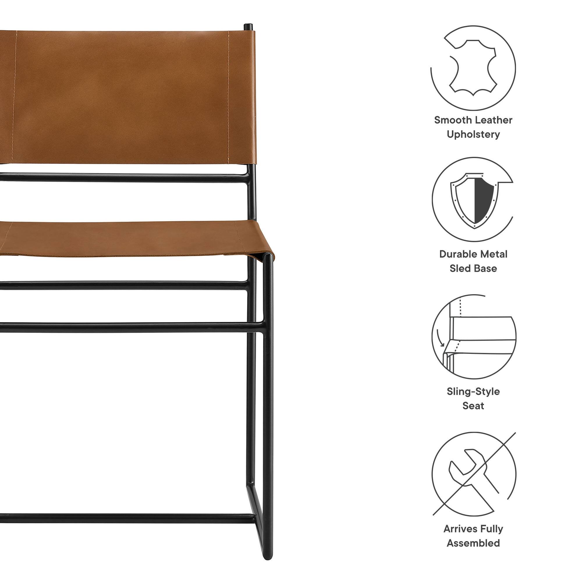 - Smooth Leather Upholstery
- Durable Metal Sled Base
- Sling-Style Seat
- Arrives Fully Assembled