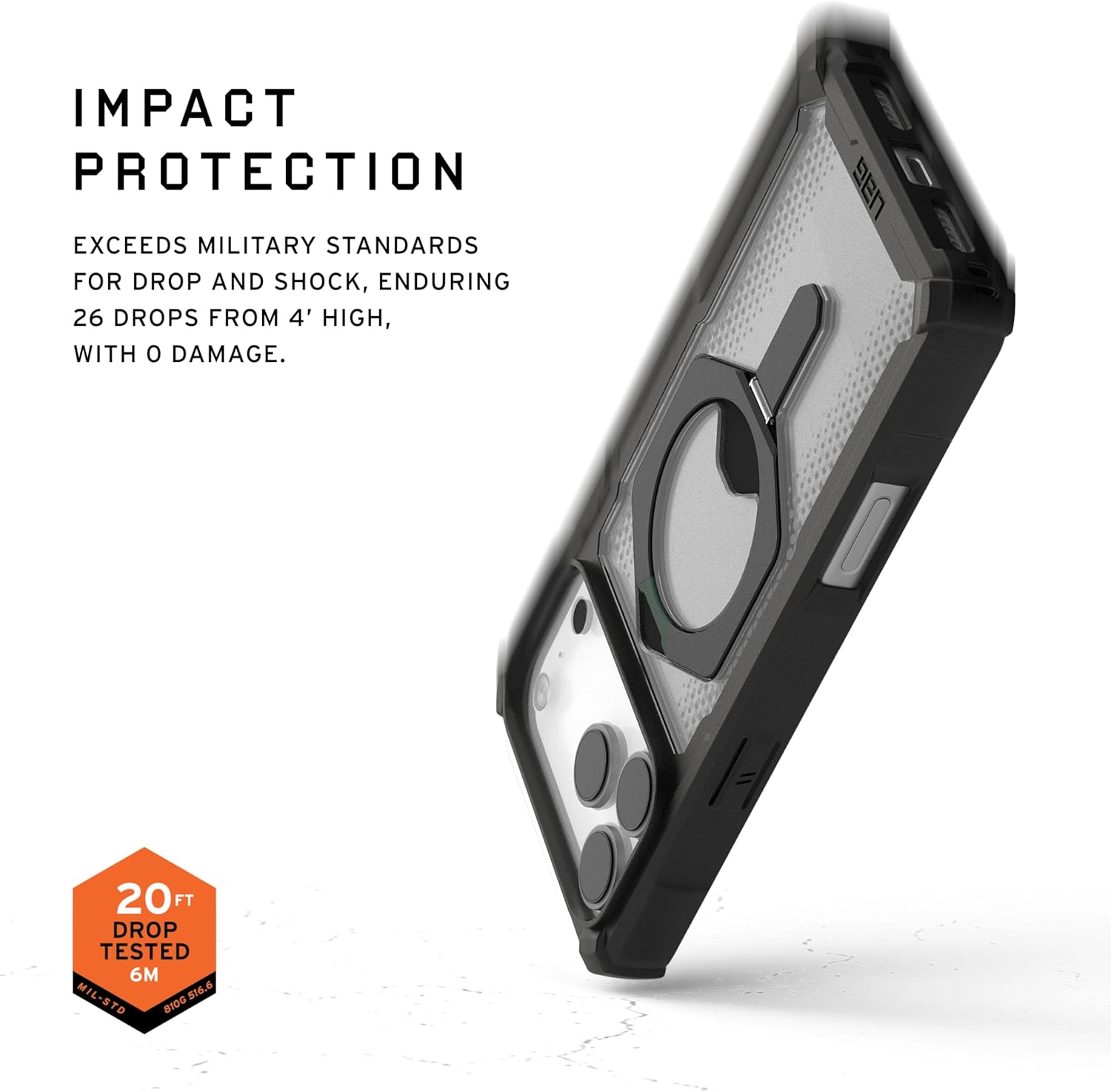 IMPACT PROTECTION

EXCEEDS MILITARY STANDARDS FOR DROP AND SHOCK, ENDURING 26 DROPS FROM 4' HIGH, WITH 0 DAMAGE.

20 FT DROP TESTED 6M MIL-STD 810G-516.6