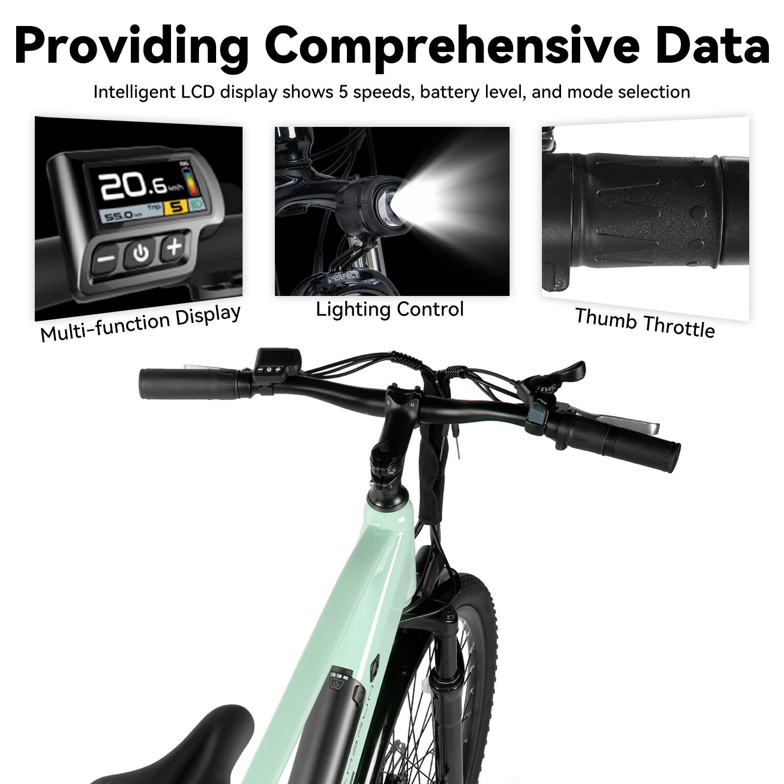 Providing Comprehensive Data  
Intelligent LCD display shows 5 speeds, battery level, and mode selection  
Multi-function Display Lighting Control Thumb Throttle