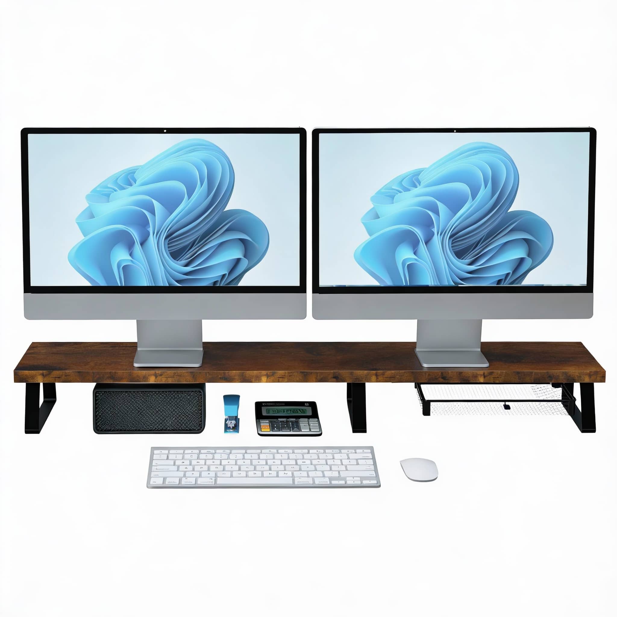 Frangdom - Wood Dual Monitor Stand Riser 2-Screen Desk Organizer Drawer - Vintage