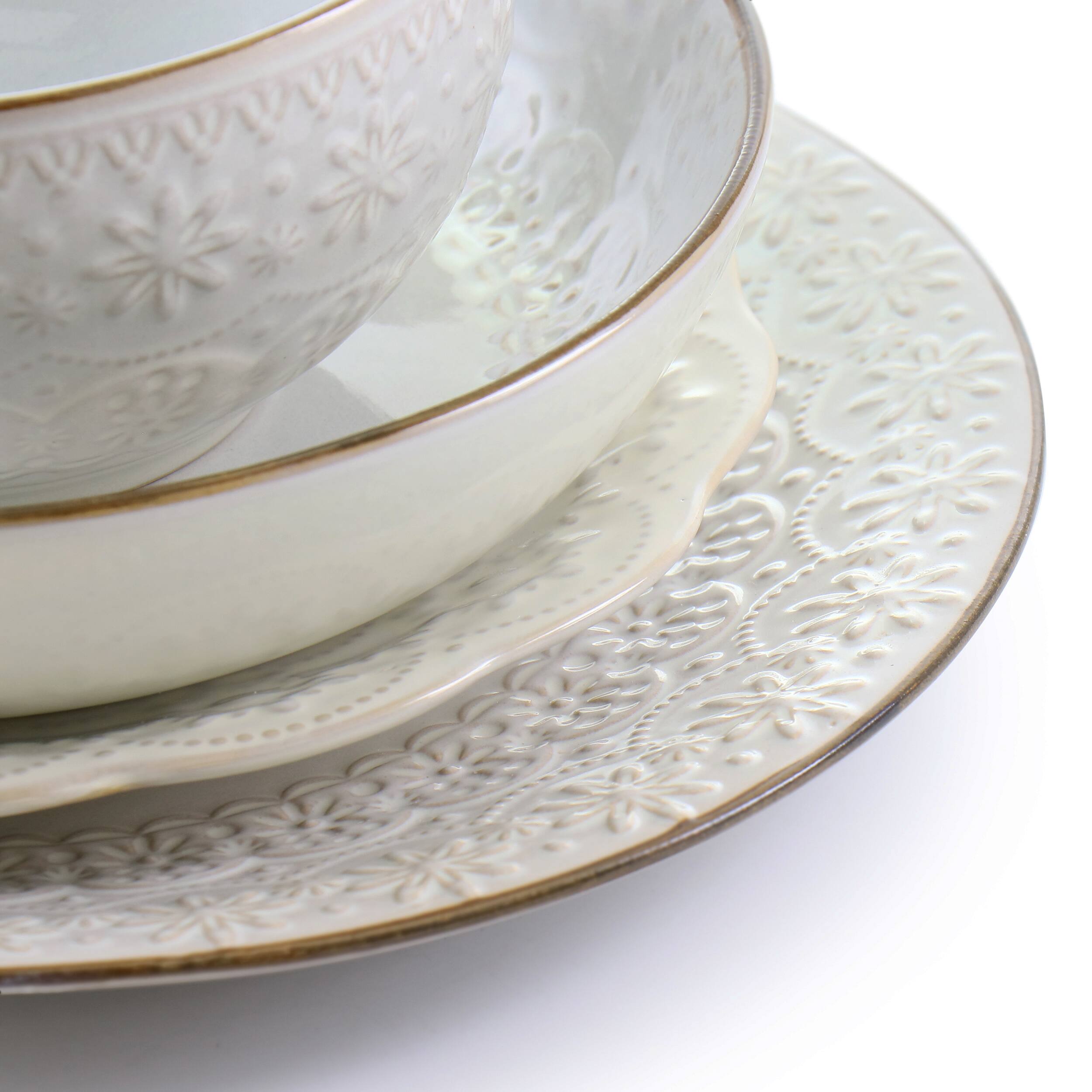 Alt View 7. Elama - Elama Countess 16 Piece Embossed Double Bowl Stoneware Dinnerware Set in Ivory - Ivory.