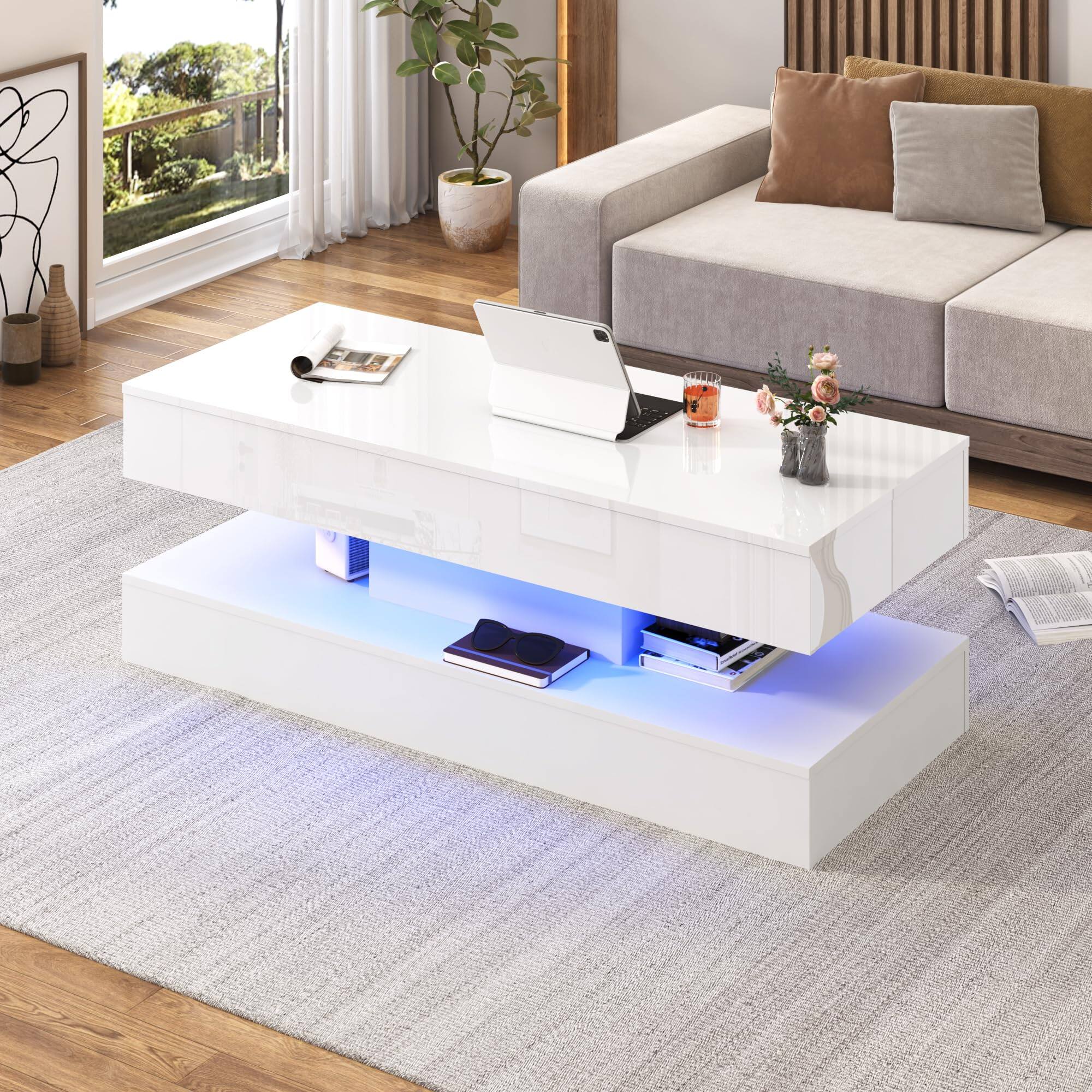 Angle. Espafurni - 47.2" Lift Top Coffee Table with LED Lights & Storage​ High gloss finish App-controlled lighting Multi-room use - white.