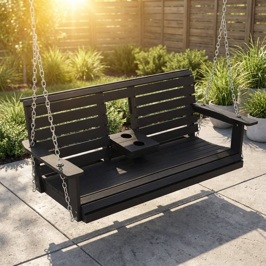 Angle. Fortune Candy - HIPS Poly Lumber 3-Seat Porch Swing, 5ft Bench Swing with Foldable Cup Holders & 18/8 Steel Hardware - Black.