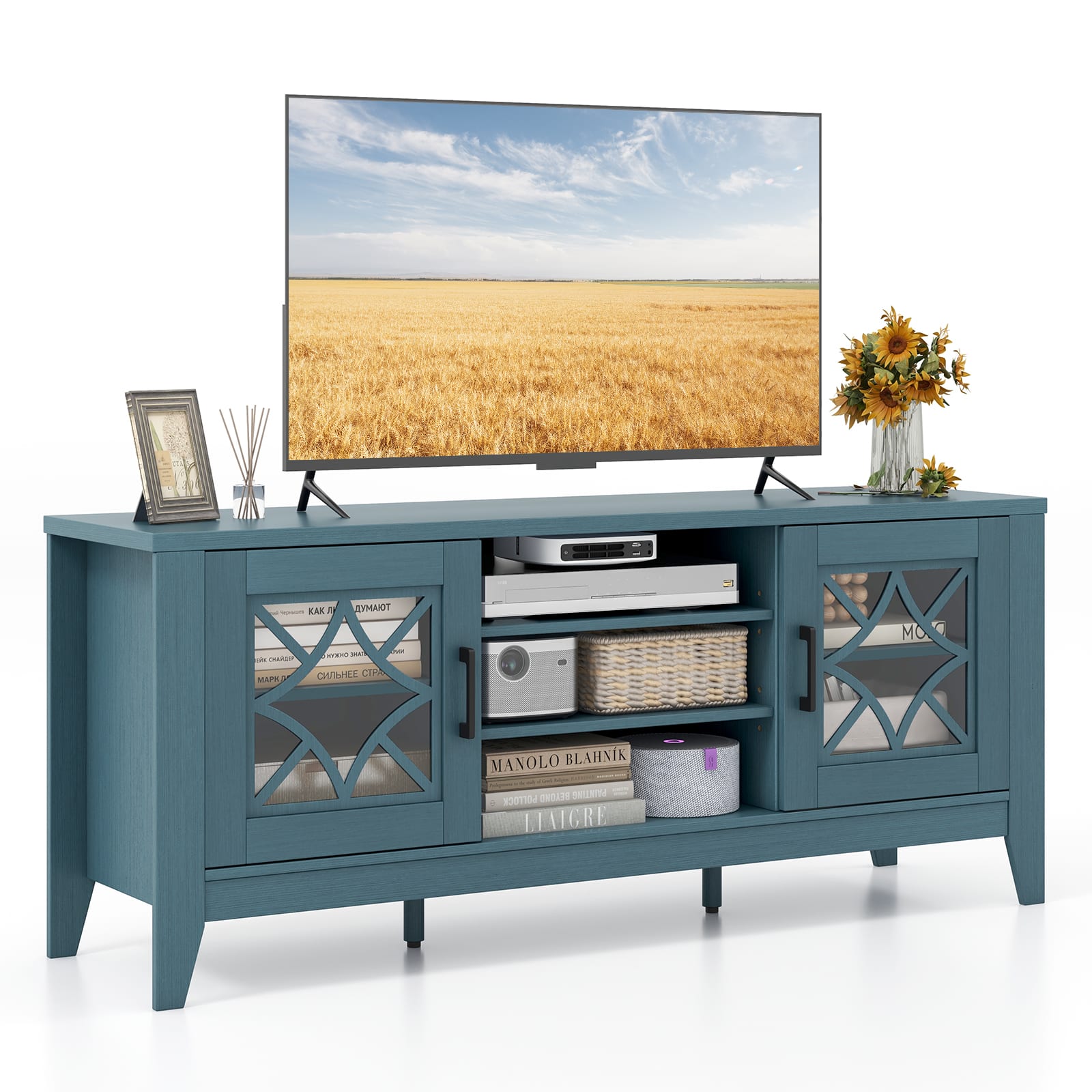 Ecooso - Farmhouse TV Stand for TVs up to 65 Inch with 4 Adjustable Shelves - Teal Blue