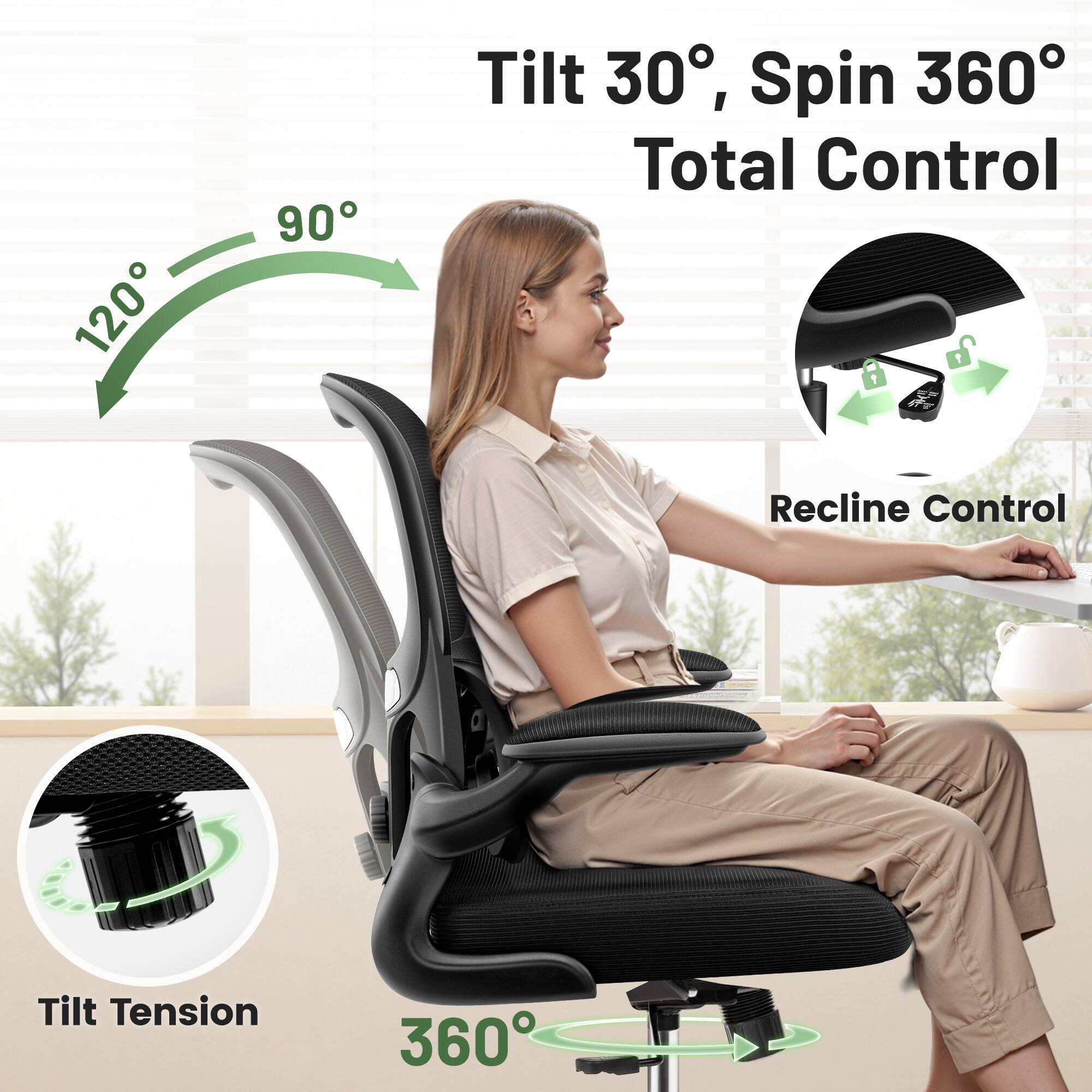 120° 90° Tilt 30°, Spin 360° Total Control  
S 1 Recline Control  
Tilt Tension 360°