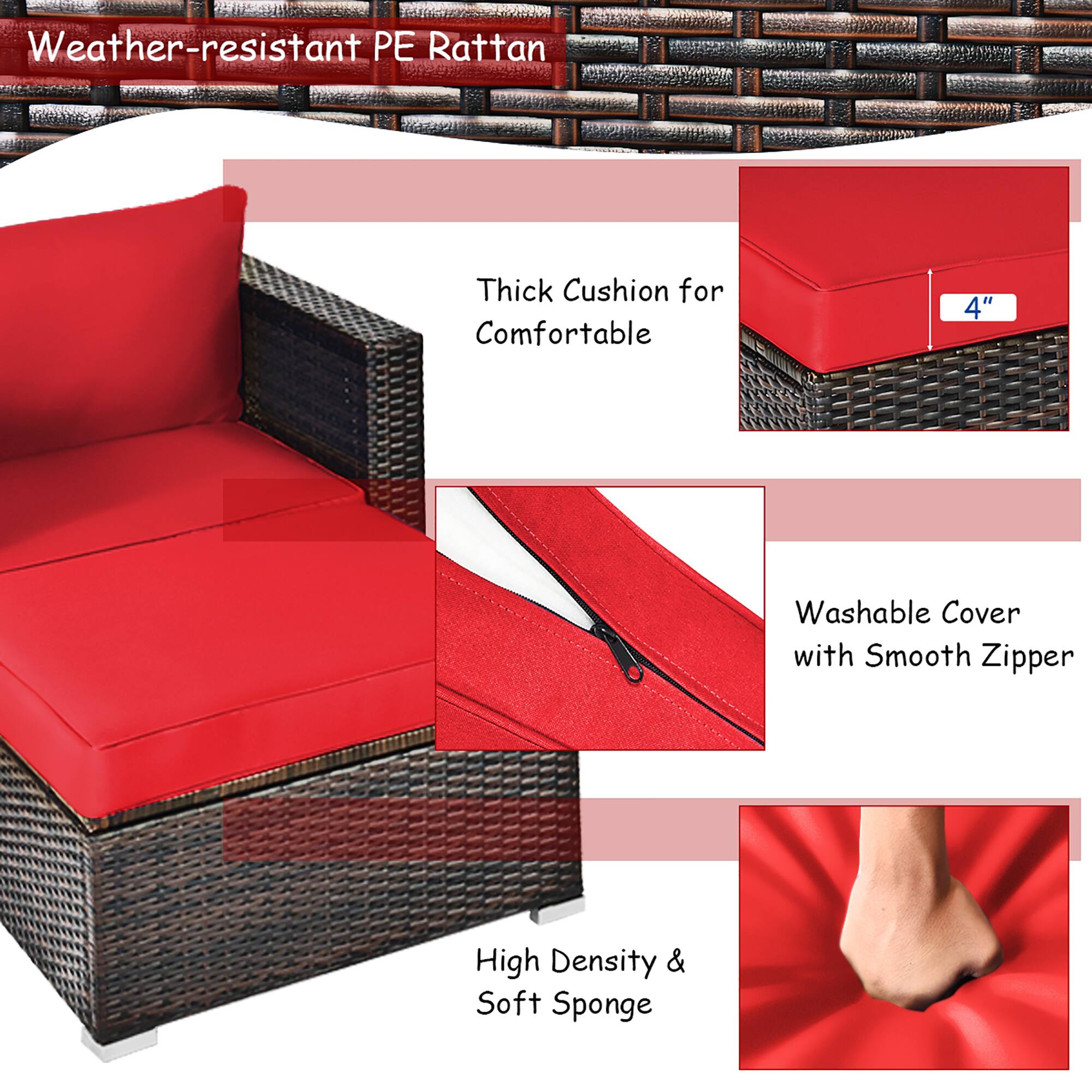 Weather-resistant PE Rattan Thick Cushion for Comfortable 4" Washable Cover with Smooth Zipper High Density & Soft Sponge