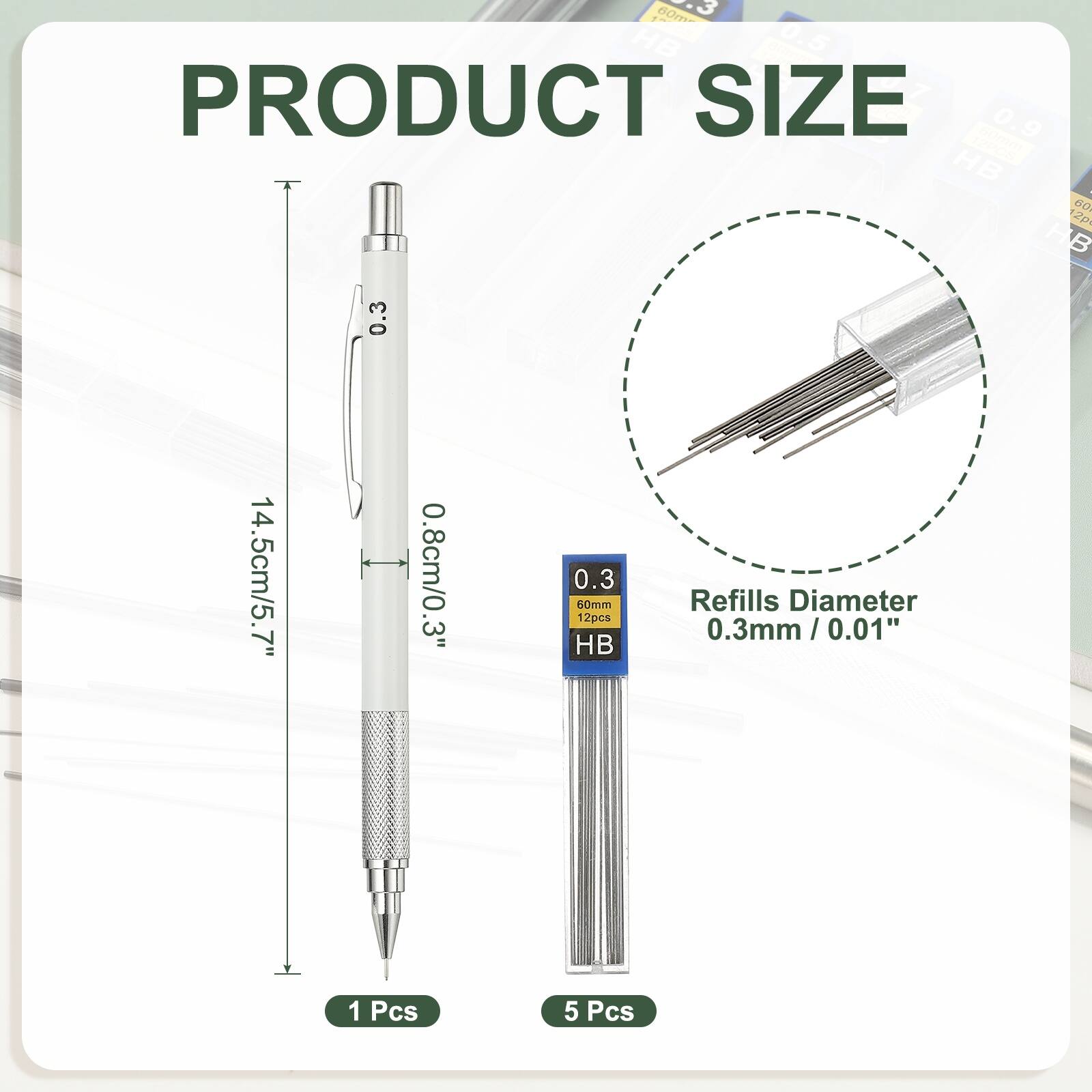 B0m HB 0.5 5 PRODUCT SIZE 0.9 e HB - - 60 2 HB 0.3 14.5cm/5.7" 0.8cm/0.3" 0.3 50mm 12pcs HB Refills Diameter 0.3mm / 0.01" I 0.01" 1 Pcs 5 Pcs
