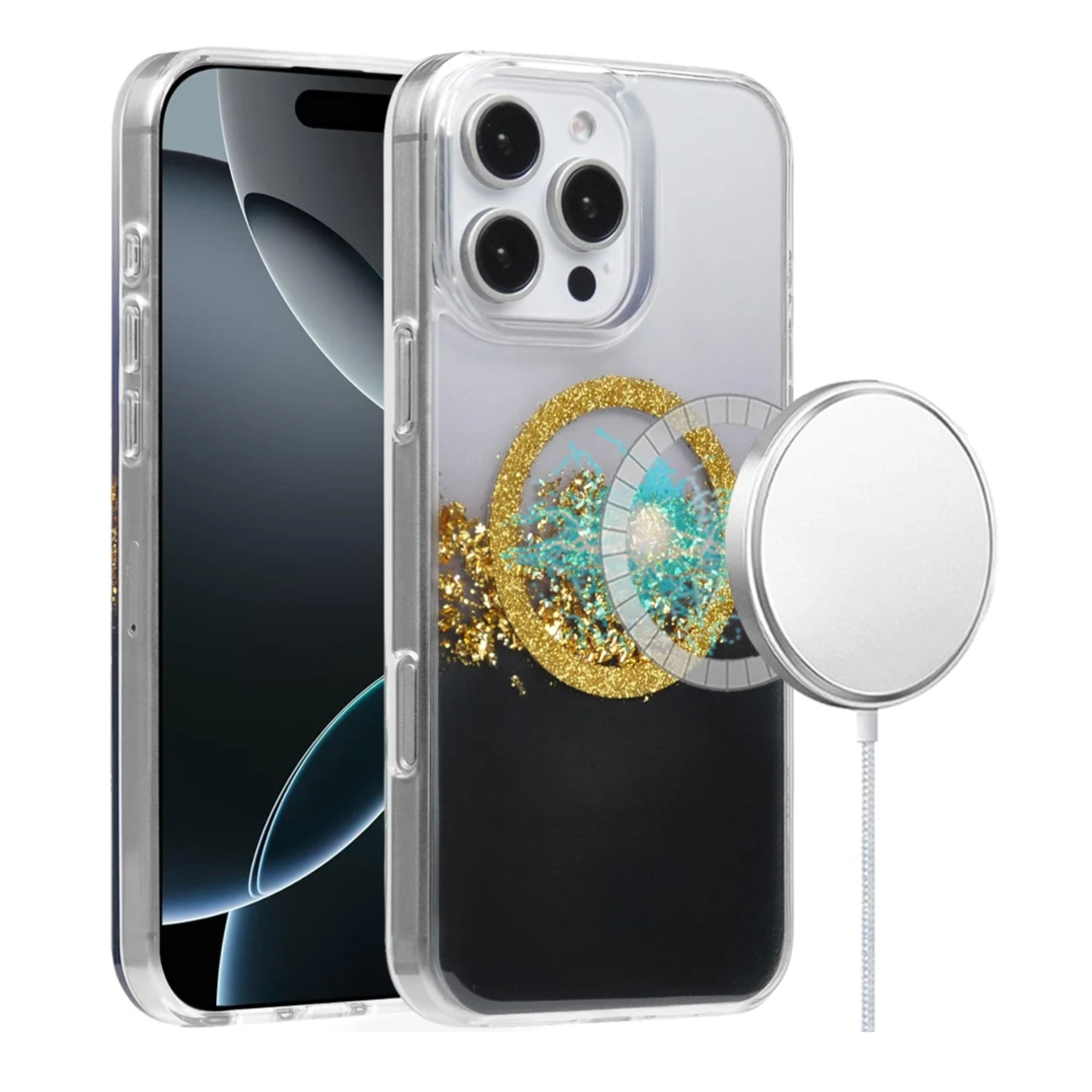 Kitcheniva - Fused Glitter Epoxy Magnetic Circle Phone Case With Tempered Glass For iPhone 16 Pro - Gold Black price history on PriceWatchPro