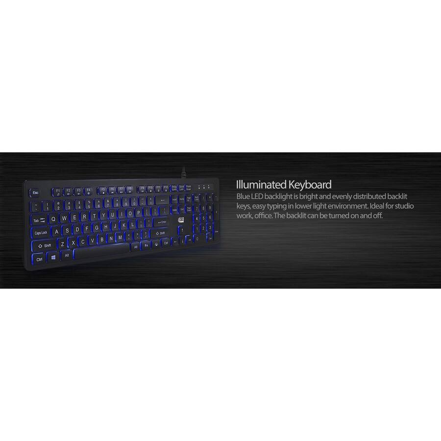Illuminated Keyboard

Blue LED backlight is bright and evenly distributed backlit keys, easy typing in lower light environment. Ideal for studio work, office. The backlit can be turned on and off.