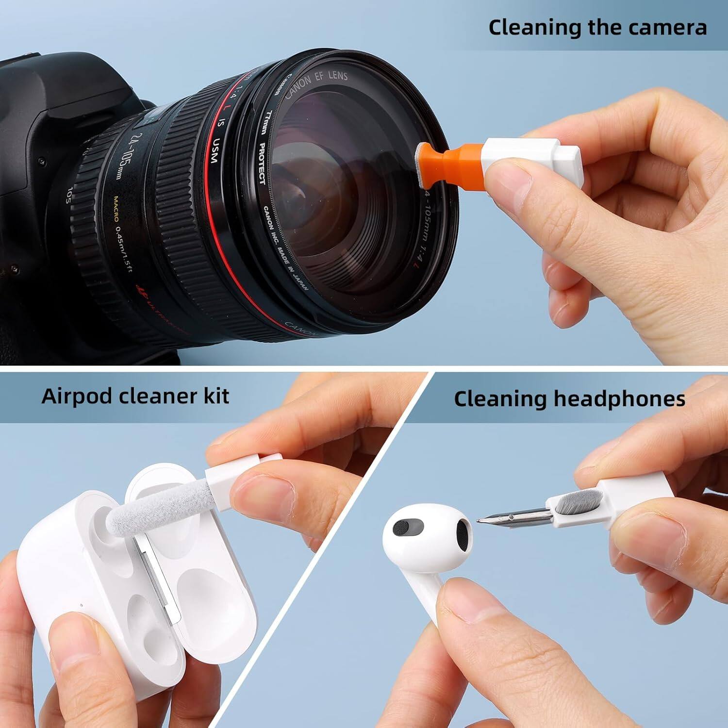 Cleaning the camera

Airpod cleaner kit

Cleaning headphones