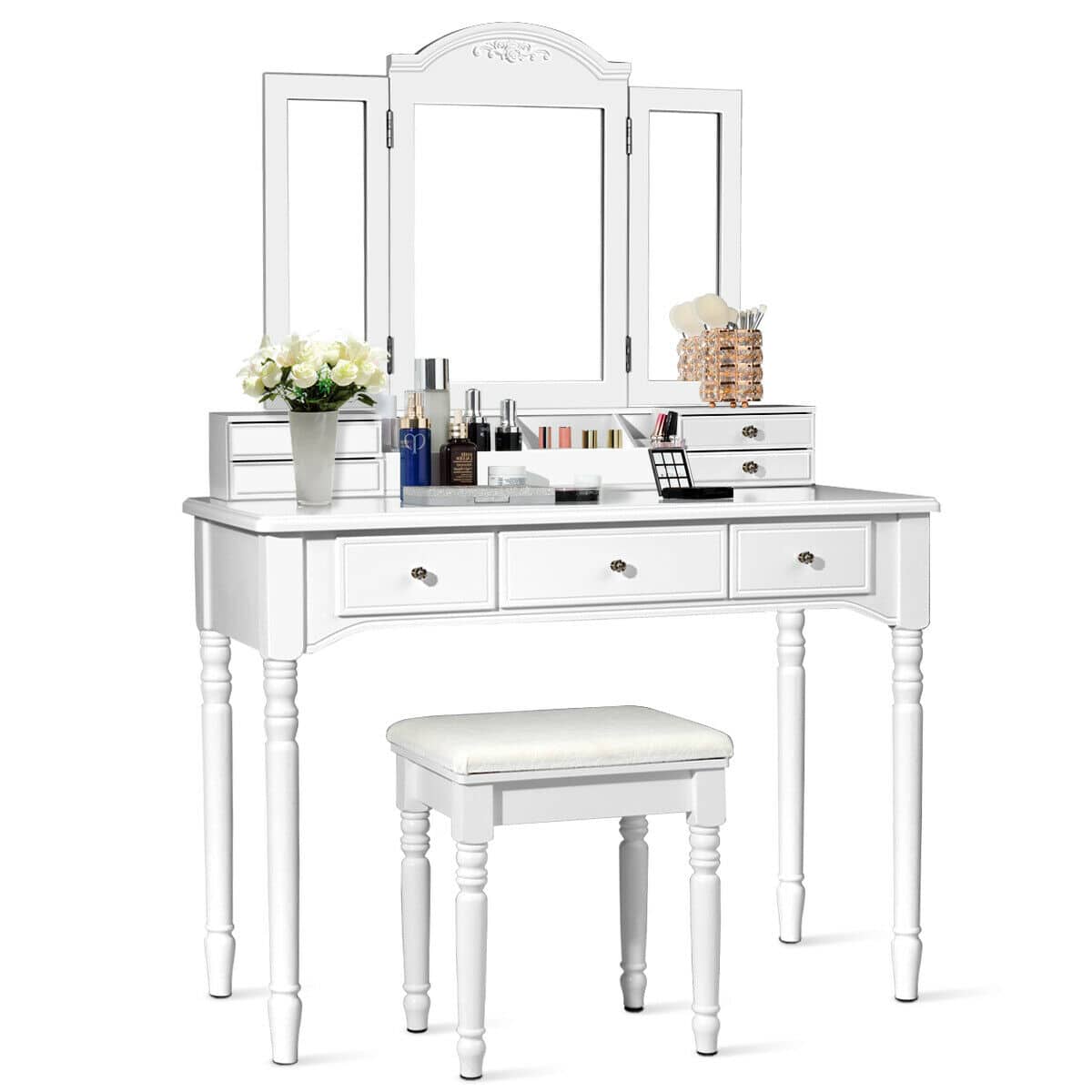 Costway - 7 Drawers Vanity Set Dressing Table w/ Tri-Folding Mirror - White
