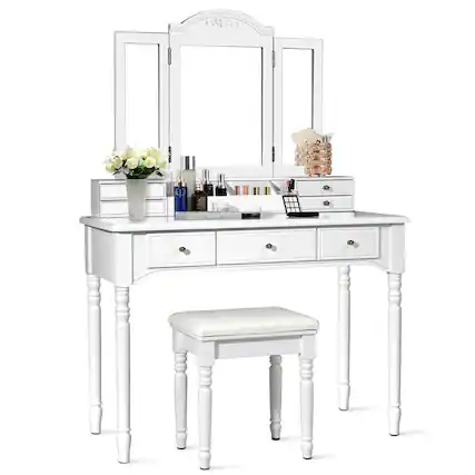 Front. Costway - Costway 7 Drawers Vanity Set Dressing Table w/ Tri-Folding Mirror - White.