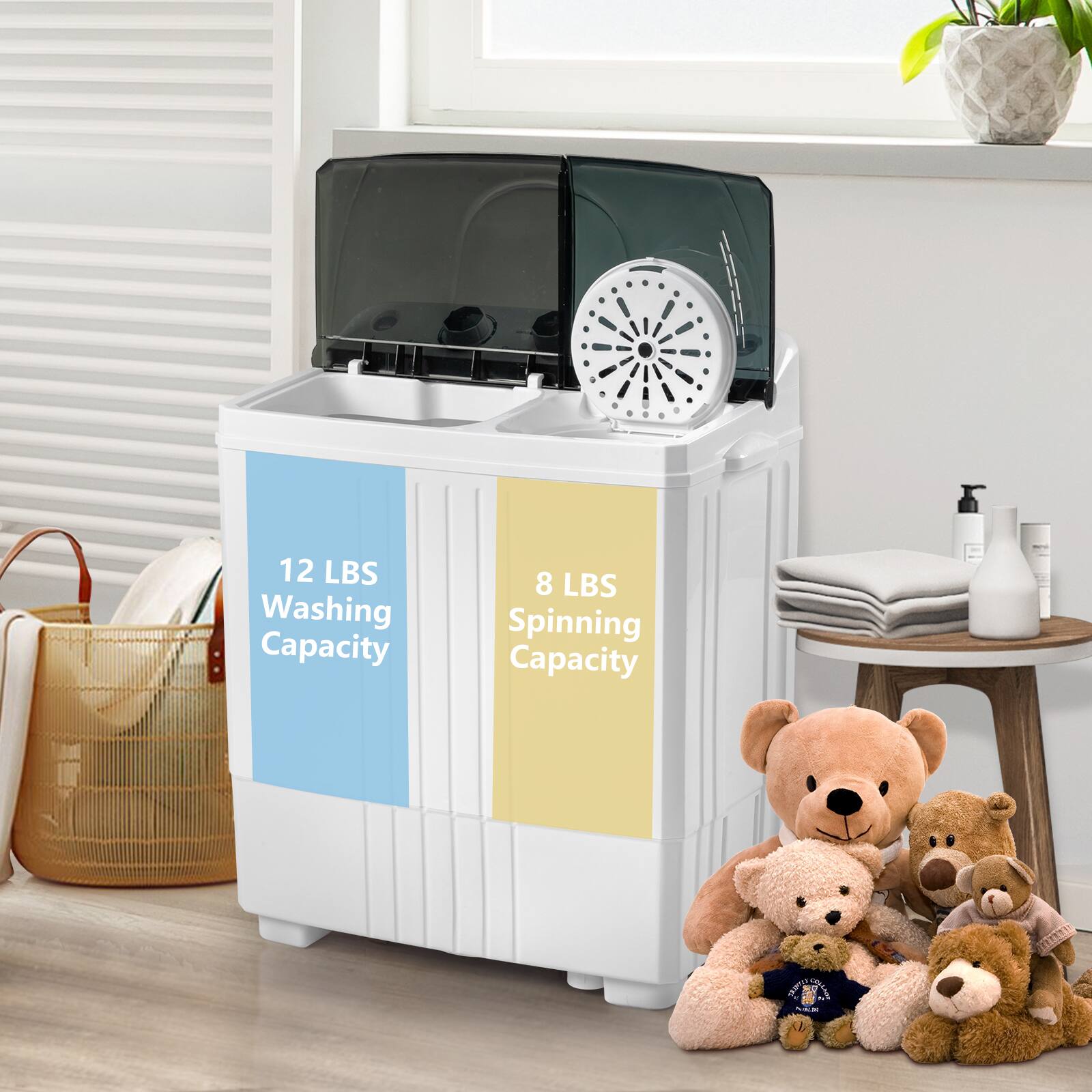 12 LBS Washing Capacity  
8 LBS Spinning Capacity