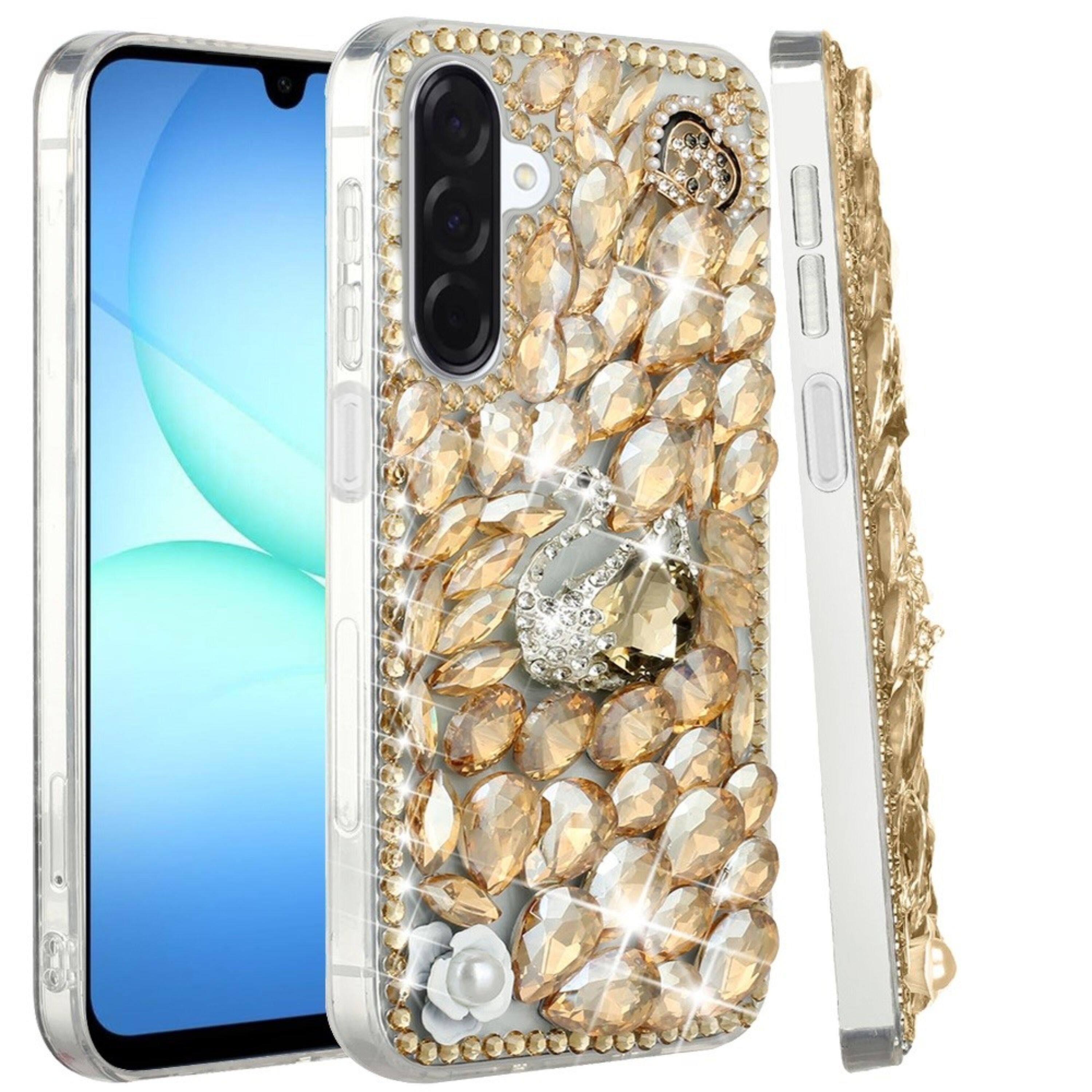 Left. Kitcheniva - Full Diamond Bling 3D Jewel Ornaments Plus Tempered Glass For Samsung A17 5G Gold Swan - Multicolor.