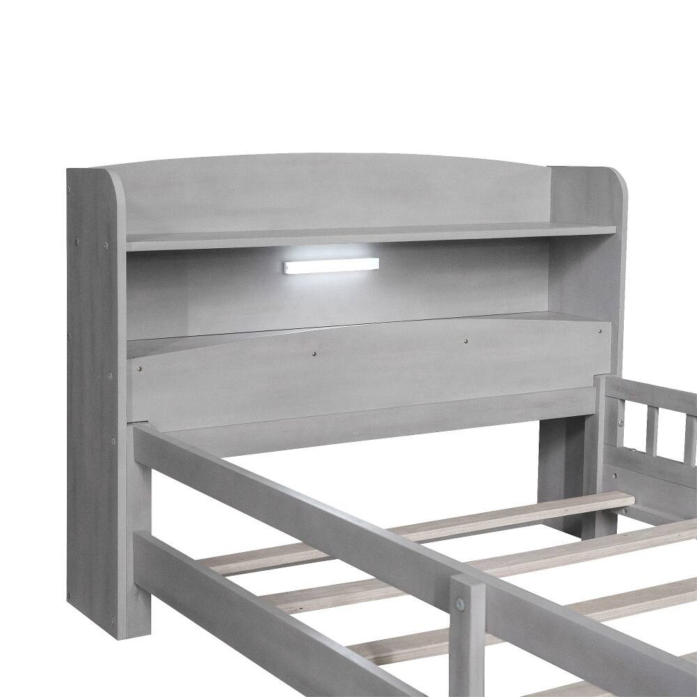 Alt View 8. Loheer - Loheer Twin Platform Bed with LED Light Storage Headboard Antique Grey Wood Frame - Antique Grey.