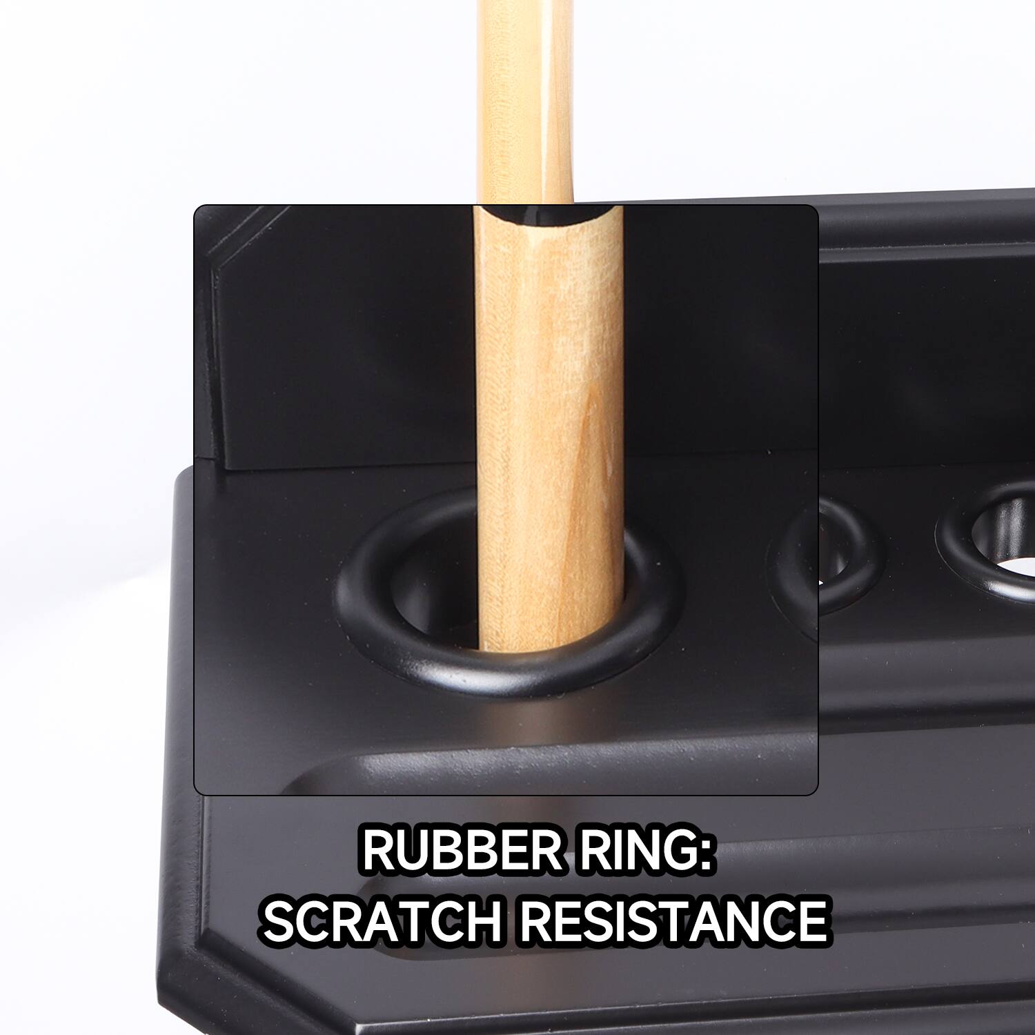 The text on the image is "RUBBER RING: SCRATCH RESISTANCE".