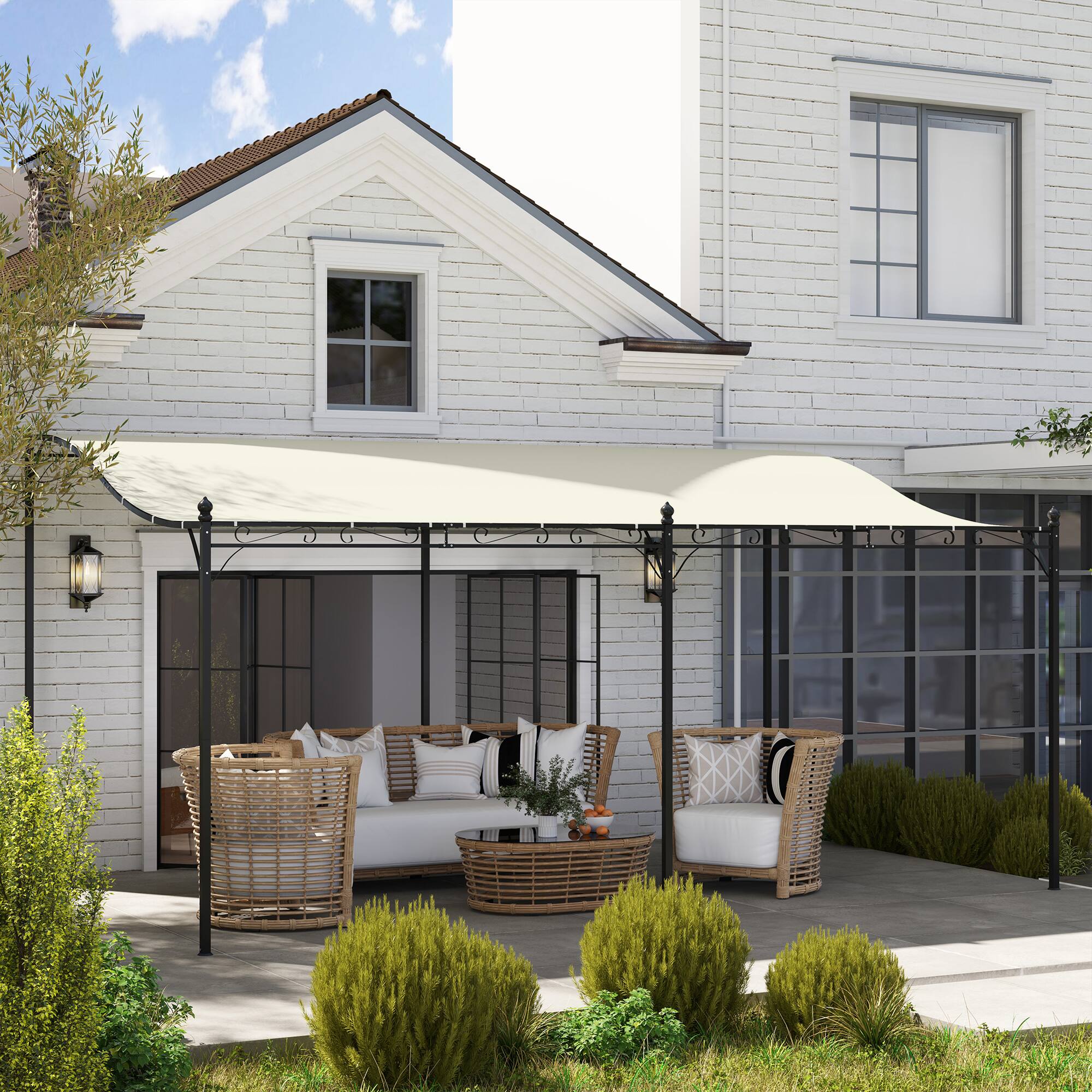 Alt View 4. Outsunny - 10' x 17' Outdoor Pergola Canopy, Wall-Mounted Metal Patio Canopy with Weather-Resistant Fabric - Cream White.