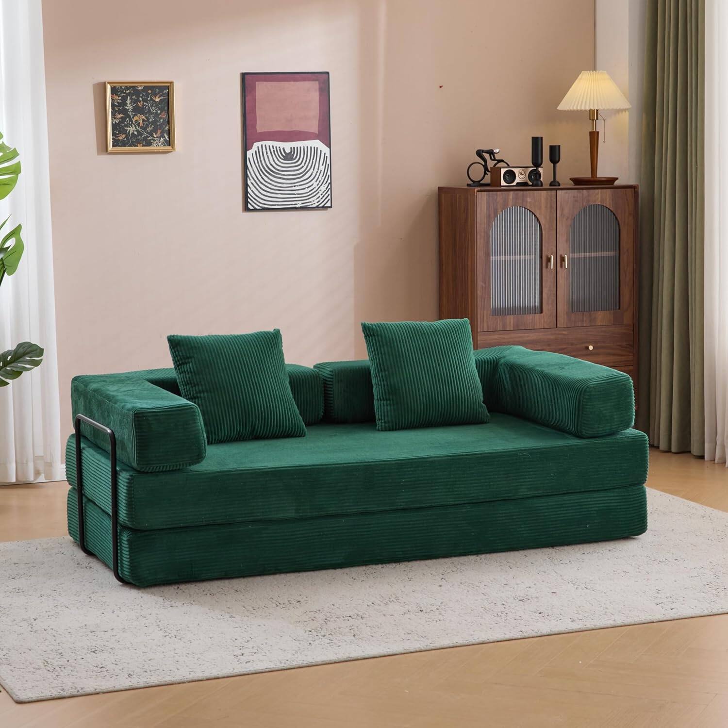 Alt View 7. Trinkets Crazed - Convertible Floor Sofa Bed with Fixed-Shape Frame, Corduroy Boneless Sofa Folding Mattress Couch with Armrest - dark green.