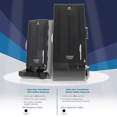 Dixie Ultra SmartStock Mini Cutlery Dispenser  
- Holds up to 80 utensils  
- Perfect for small spaces  
- Fits under standard height cabinets  
- Mini Dispenser Colors:  

Dixie Ultra SmartStock Classic Cutlery Dispenser  
- Holds up to 120 utensils  
- Versatile and efficient solution  
- Classic Dispenser Colors: