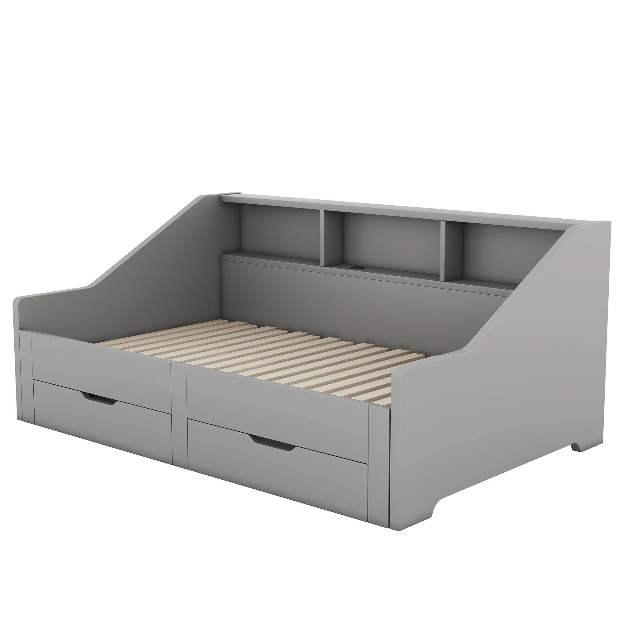 Alt View 10. Tiramisubest - Twin to King Size Daybed Frame with Storage Bookcases and Two Drawers,Charging Design,Gray - Gray.