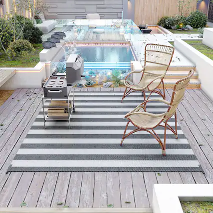 Front. Outsunny - Reversible Outdoor Rug, 9' x 12' Waterproof Plastic Straw Floor Mat, Portable RV Camping Carpet - Gray and White Stripes.