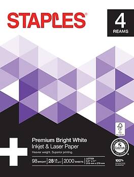 Staples - Laser Paper, 8.5" x 11", 28 lbs., 500 Sheets/Ream, 4 Reams/Carton (733331) - Bright White
