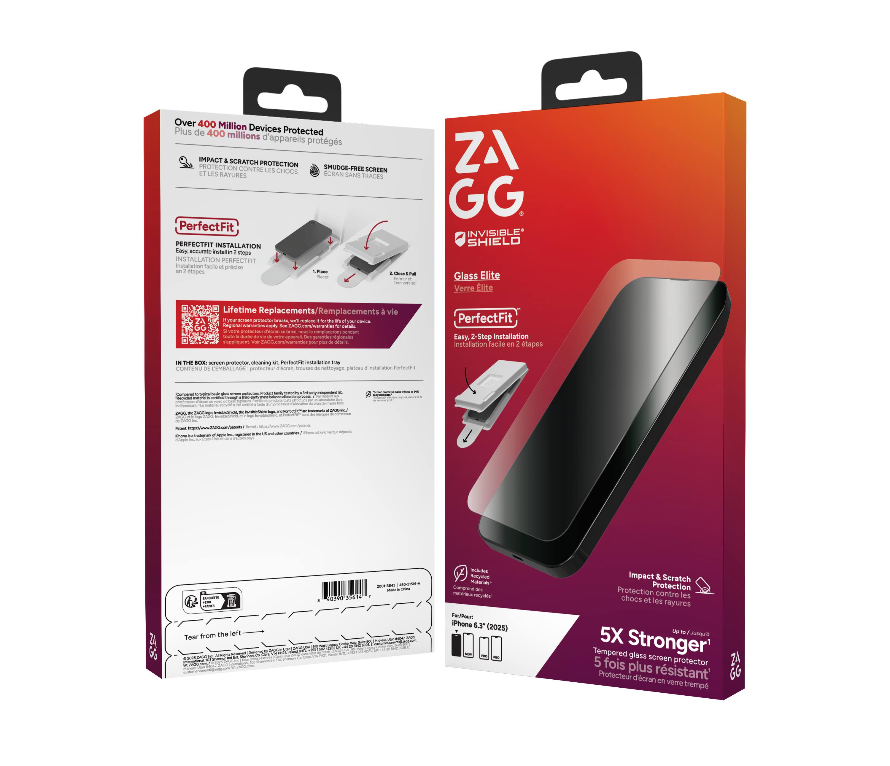 **Left Side:**

- Over 400 Million Devices Protected  
  Plus de 400 millions d'appareils protégés

- IMPACT & SCRATCH PROTECTION  
  PROTECTION CONTRE LES CHOCS ET LES RAYURES

- SMUDGE-FREE SCREEN  
  ÉCRAN SANS TRACES

- PerfectFit  
  PERFECTFIT INSTALLATION  
  Easy, accurate install steps  
  INSTALLATION PERFECTFIT  
  installation facile et précise

- 1. Place  
  2. Close & Pull

- Lifetime Replacements / Remplacements à vie  
  If your screen protector breaks, we'll replace it for the life of your device.  
  Si votre protecteur d'écran se casse, nous le remplacerons gratuitement pendant toute la durée de vie de votre appareil.

- IN THE BOX: screen protector, cleaning kit, PerfectFit installation tray  
  CONTENU DE L'EMBALLAGE: protecteur d'écran, trousse de nettoyage, plateau d'installation PerfectFit

- Tear from the left  
  Déchirer à gauche

- ZAGG.com/warranty  
  ZAGG.com/warranty

- ZAGG, Z
