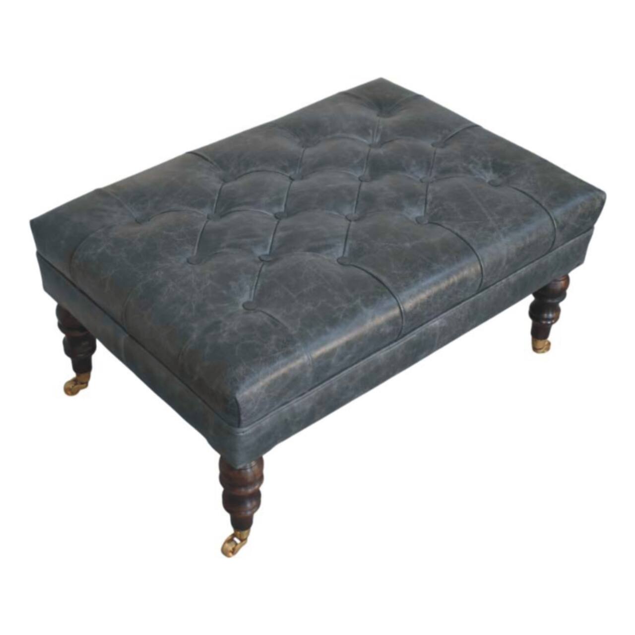 Alt View 2. Artisan Furniture - Artisan Furniture Solid Wood Buffalo Teal Leather Ottoman with Castor Legs, Upholstered, Black Color - Black.