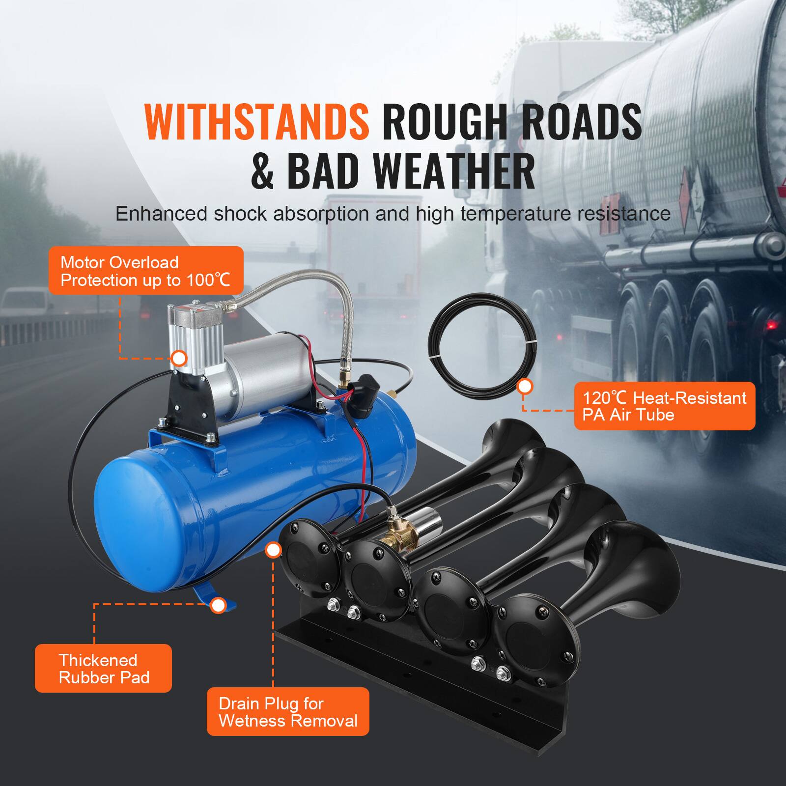 WITHSTANDS ROUGH ROADS & BAD WEATHER  
Enhanced shock absorption and high temperature resistance  
Motor Overload Protection up to 100°C  
120°C Heat-Resistant PA Air Tube  
Thickened Rubber Pad  
Drain Plug for Wetness Removal