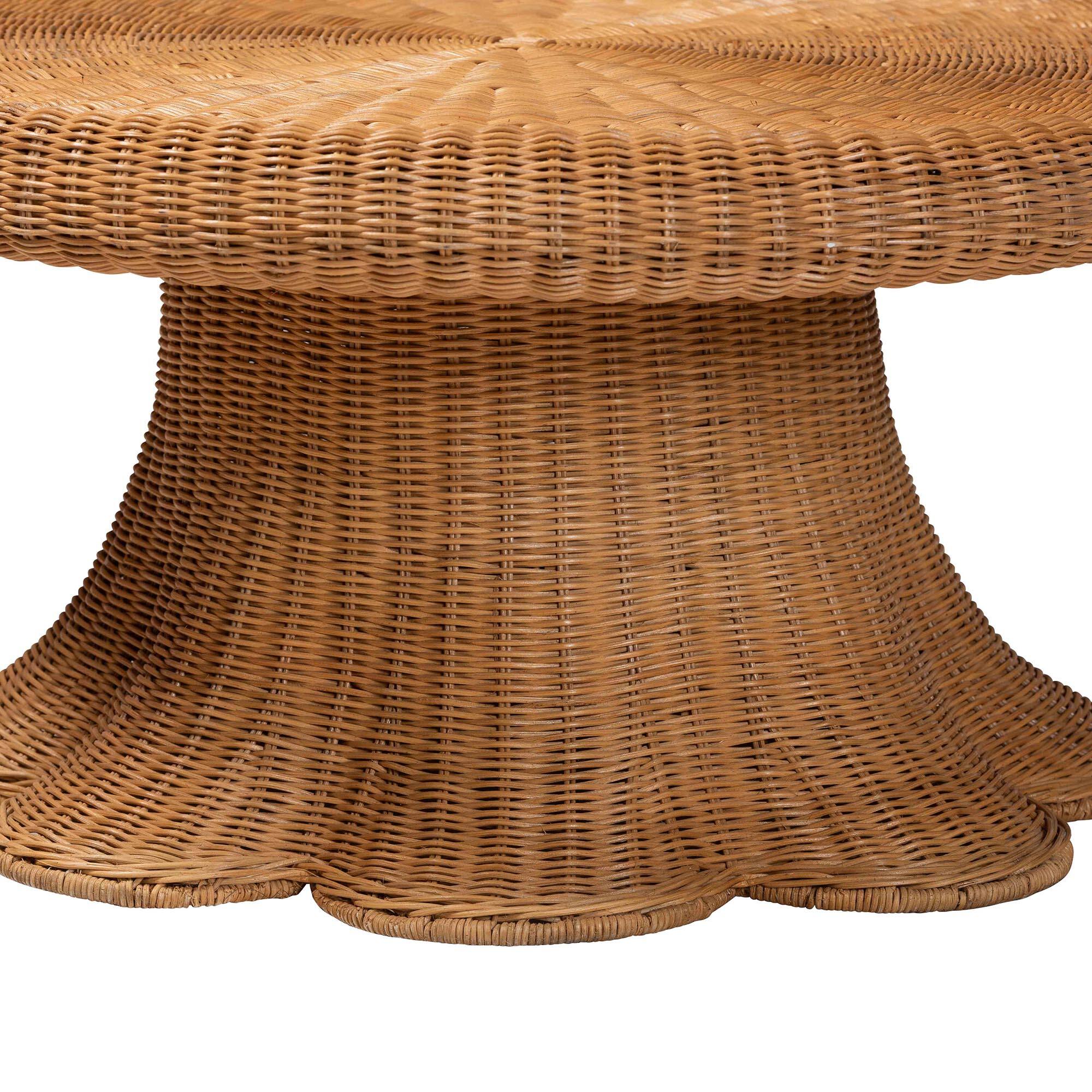 Angle. bali & pari - Avalon Natural Rattan Round Coffee Table with Scalloped Pedestal Base – Coastal Boho Wicker Accent Table - Light Honey.
