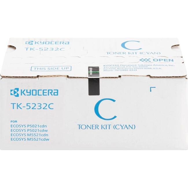 **Kyocera TK-5232C**

**Toner Kit (Cyan)**

**This Side Up**

**Kyocera Document Solutions America, Inc.**
Fairfield, New Jersey 07004-0008, U.S.A.
Phone: (973) 808-8444

**For:**
- ECOSYS P5021cdn
- ECOSYS P5021cdw
- ECOSYS M5521cdn
- ECOSYS M5521cdw

**Open**