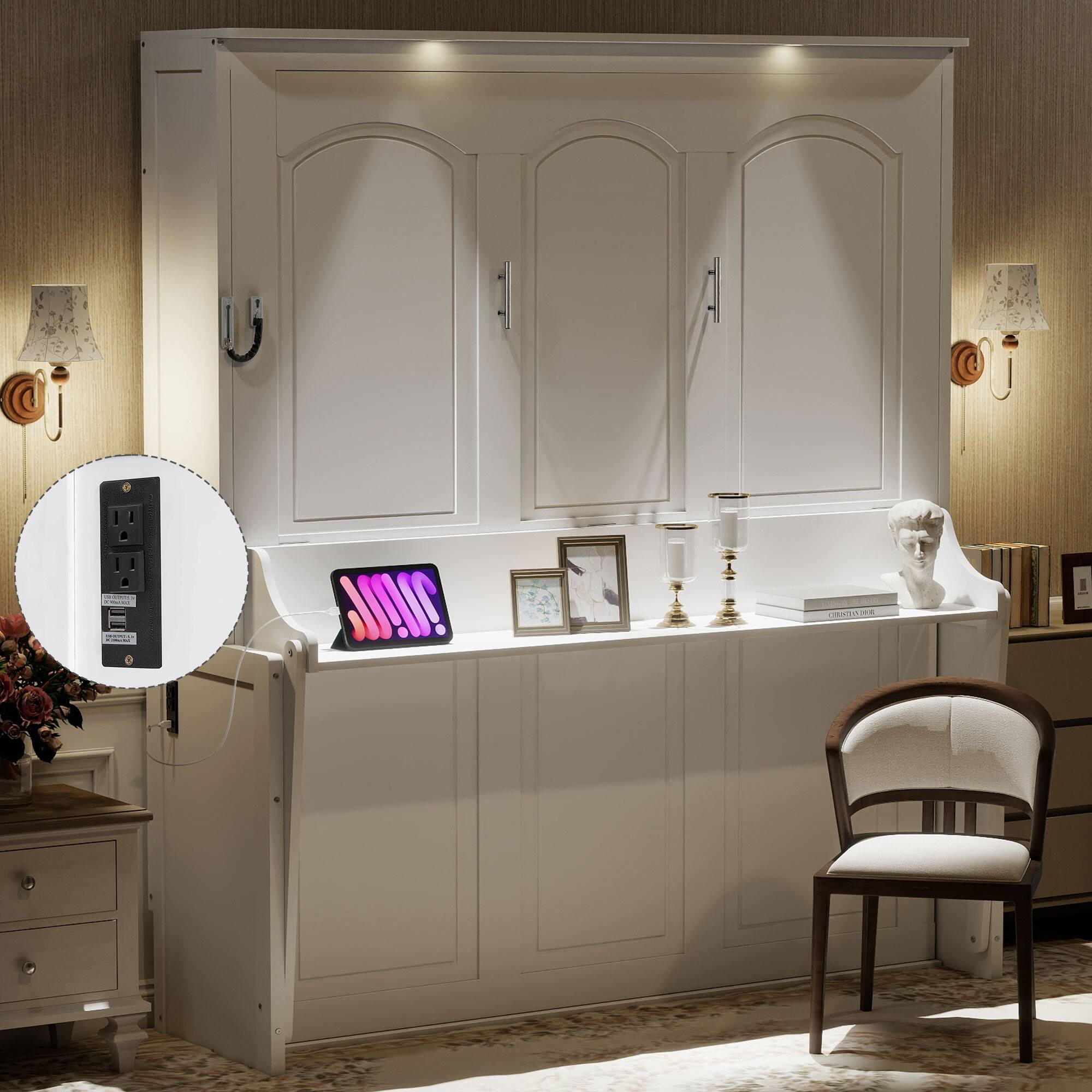 Left. Whisen - Queen Size Murphy Bed with Desk, Foldable Bed with LED Lights, USB Charging Station for Bedroom - White.