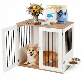 WELLFOR - 31.5" Dog Crate Furniture with 360° Rotating Feeder& Double Lock Doors, Wooden Dog Kennel for Indoor - White