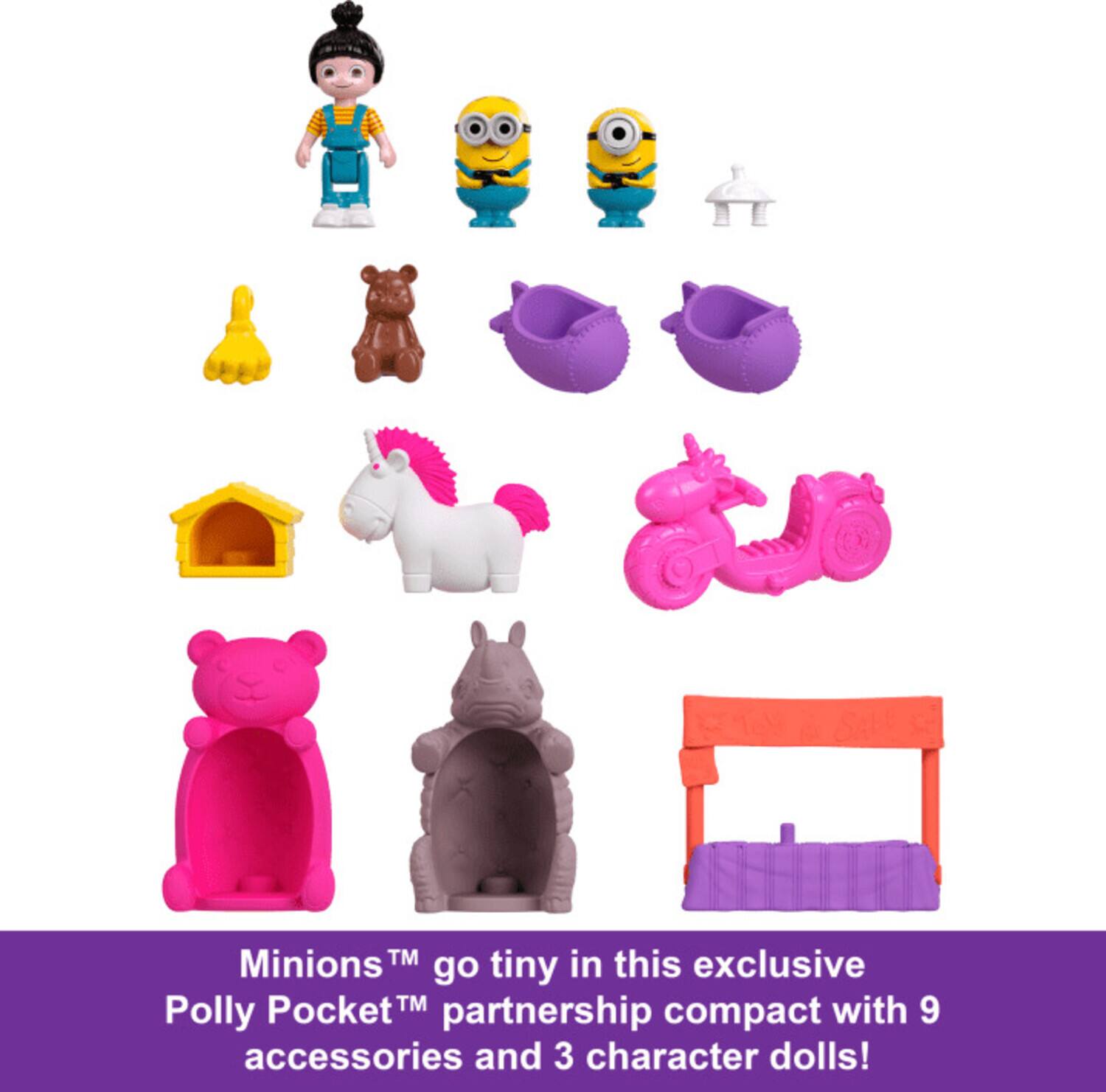 Minions™ go tiny in this exclusive Polly Pocket™ partnership compact with 9 accessories and 3 character dolls!