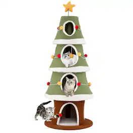 Costway - 61"Large Christmas Cat Tree with 4 Condos, Sisal Carpet, Dangling Ball, Spring Toy - Green + White + Brown