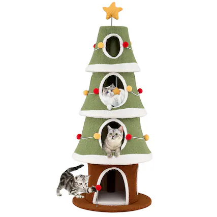 Front. Costway - Costway 61"Large Christmas Cat Tree with 4 Condos, Sisal Carpet, Dangling Ball, Spring Toy - Green + White + Brown.