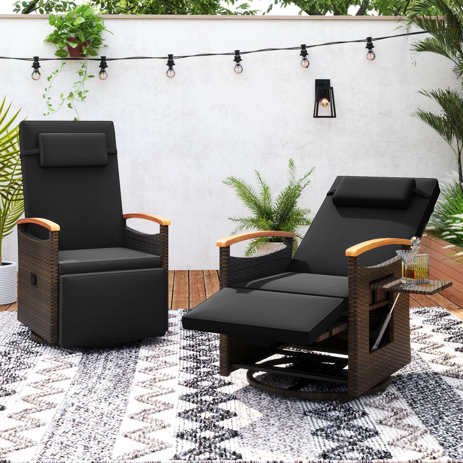 Alt View 3. Gymax - Gymax Set Of 2 Outdoor 360° Swivel Rattan Recliner Chair Patio Wicker Chaise Lounge Chair - Mix Brown, Black.
