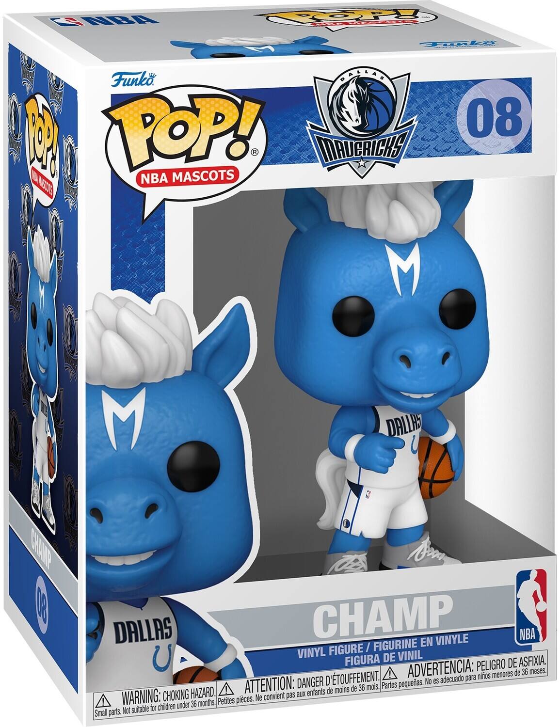NBA POP! 08 MAUCRICKS NBA MASCOTS NASCOO M DALLAS CHAMP VINYLE NBA / FIGURINE EN VINYL FIGURE VINIL FIGURA DE ASFIXIA ADVERTENCIA: PELIGRO DE nios menores de 36 meses. ATTENTION: DANGER D'TOUFFEMENT. Partes pequeras. No 8S adecuado para de moins de 36 mois. CHOKING HAZARD. WARNING: CHOKING HAZARD. Small parts. Not suitable for children under 36 months. Petites pieces. Ne convient pas aux enfants.