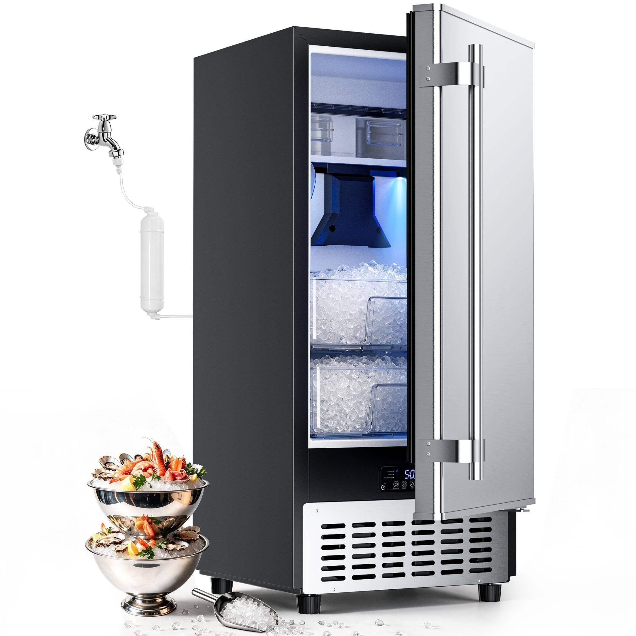 Front. Coolake - 15 in Undercounter Nugget Ice Machine 120lb Freestanding Built-in Sonic Ice Maker with 20lb Dual Storage for Home Bar - Stainless Steel.